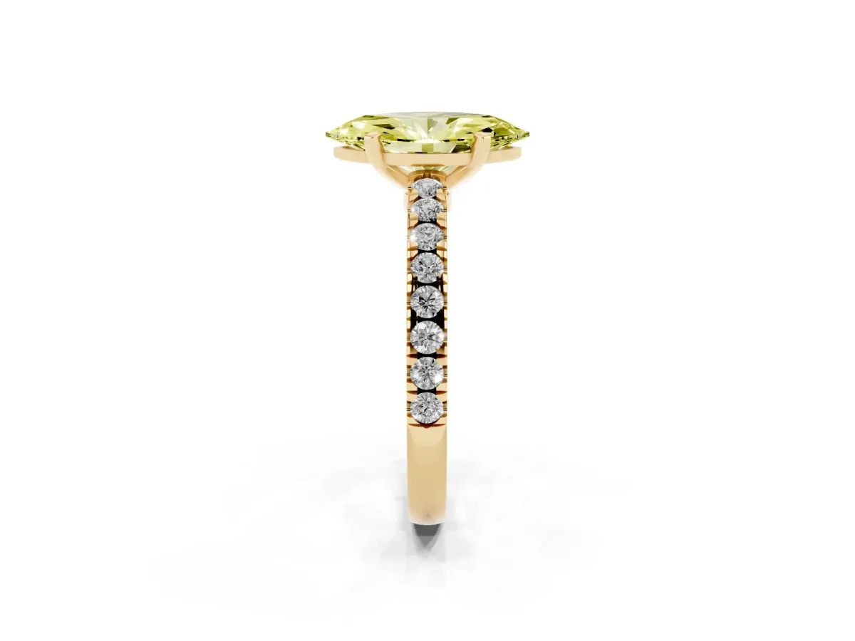 Fancy Yellow Marquise Cut Solitaire Diamond with Pavé Band and Four-Prong Setting Yellow gold