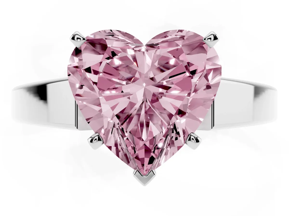 Fancy Pink Heart Cut Solitaire Engagement Ring with Four-Prong Setting and Tapered Band Platinum