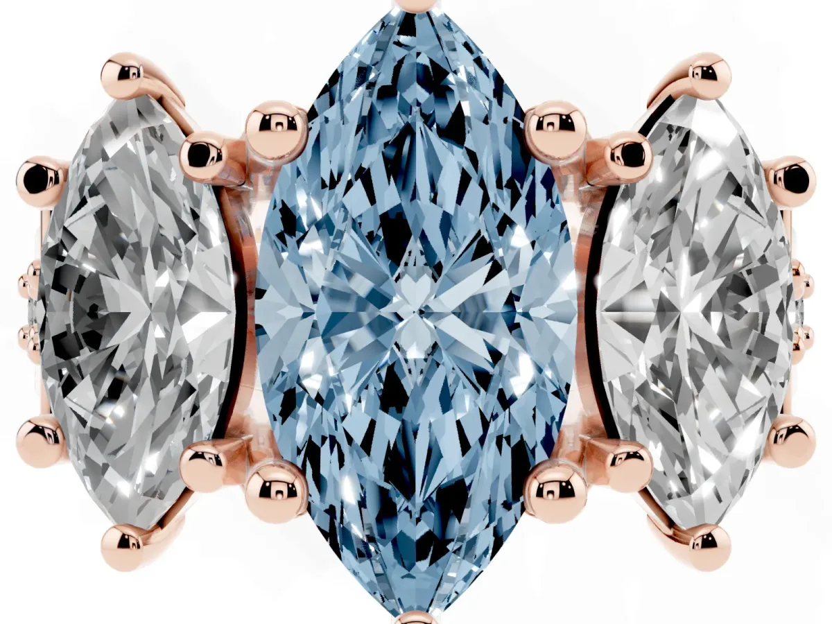 Fancy Blue Marquise Cut Diamond Three-Stone Ring with Channel Set Band and Four-Prong Setting Rose gold