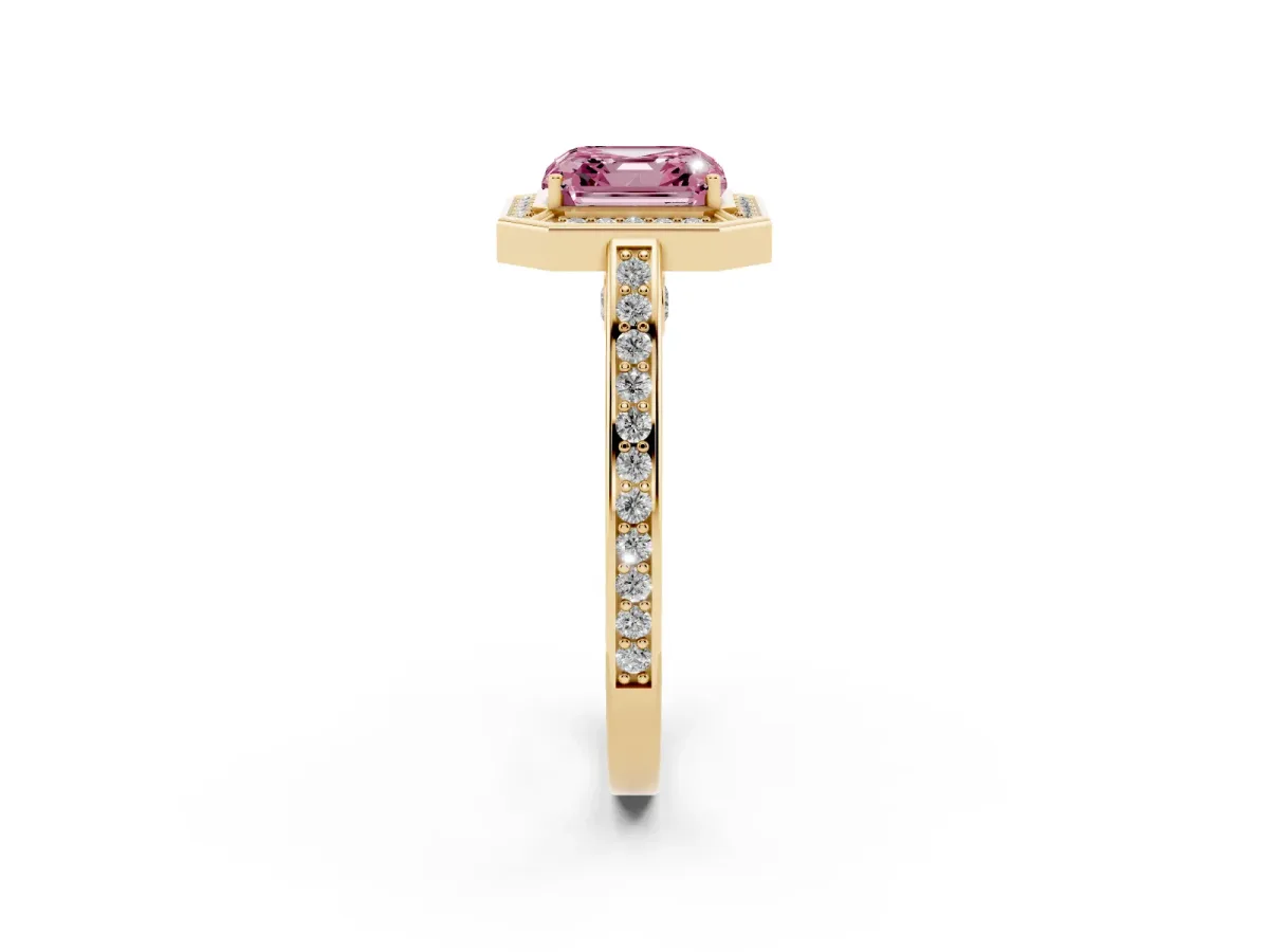Fancy Pink Asscher Cut Cut Halo Pave Split Shank Prong Setting Ring Yellow gold