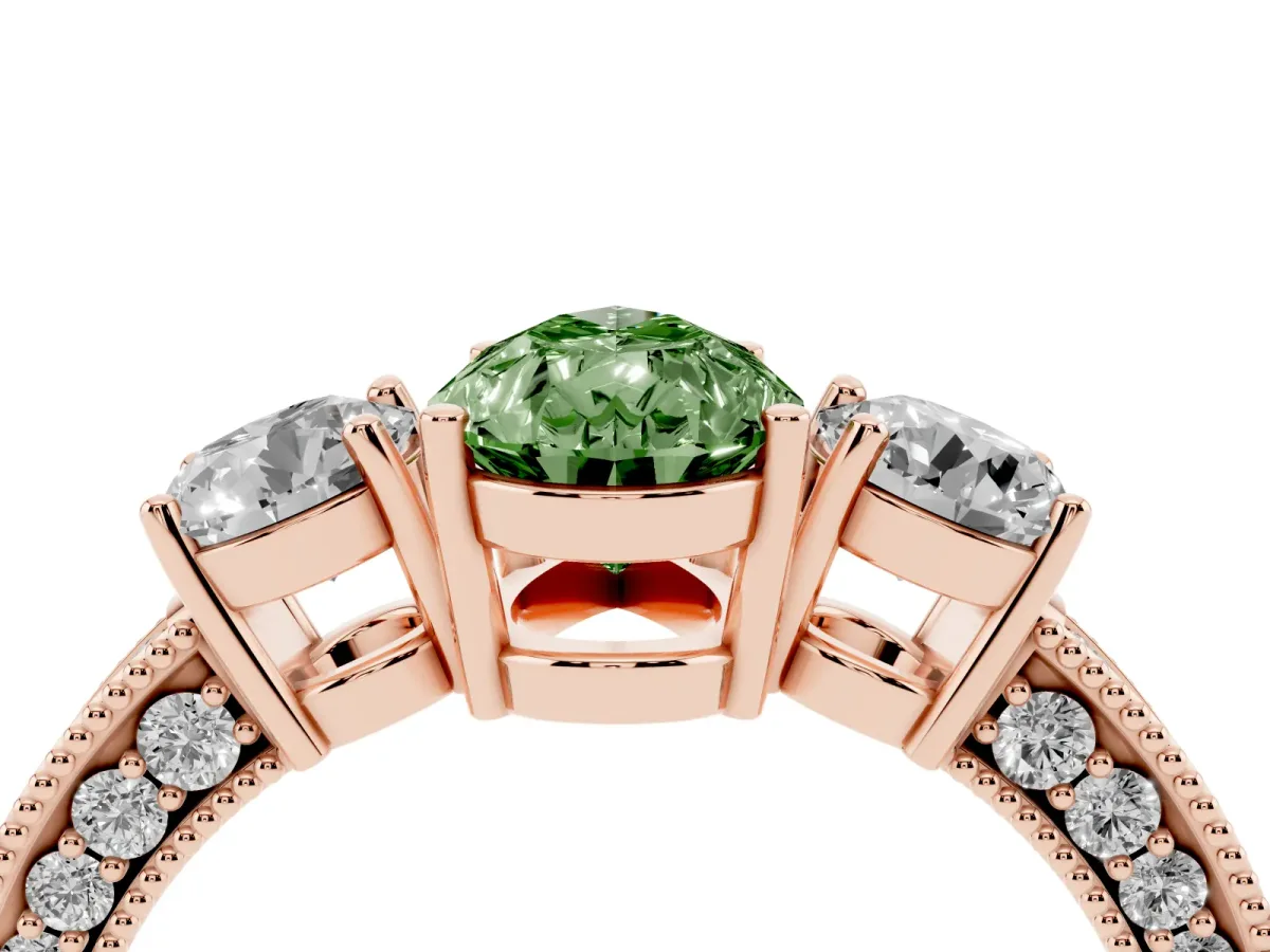 Fancy Green Pear Cut Three-Stone Diamond Ring with Pavé Band and Four-Prong Setting Rose gold