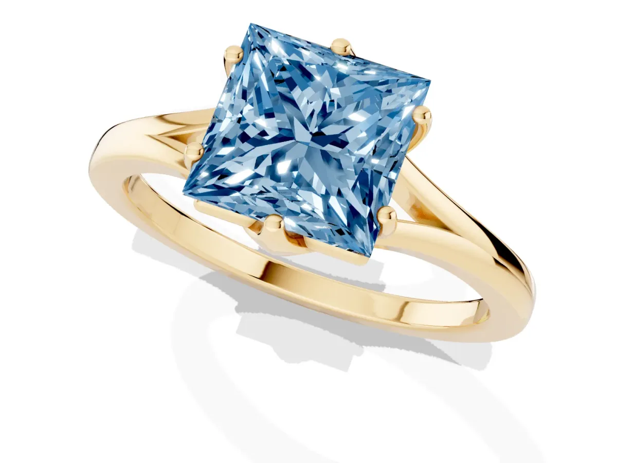 Fancy Blue Princess Cut Solitaire Diamond Ring with Six-Prong Setting and Tapered Band Yellow gold
