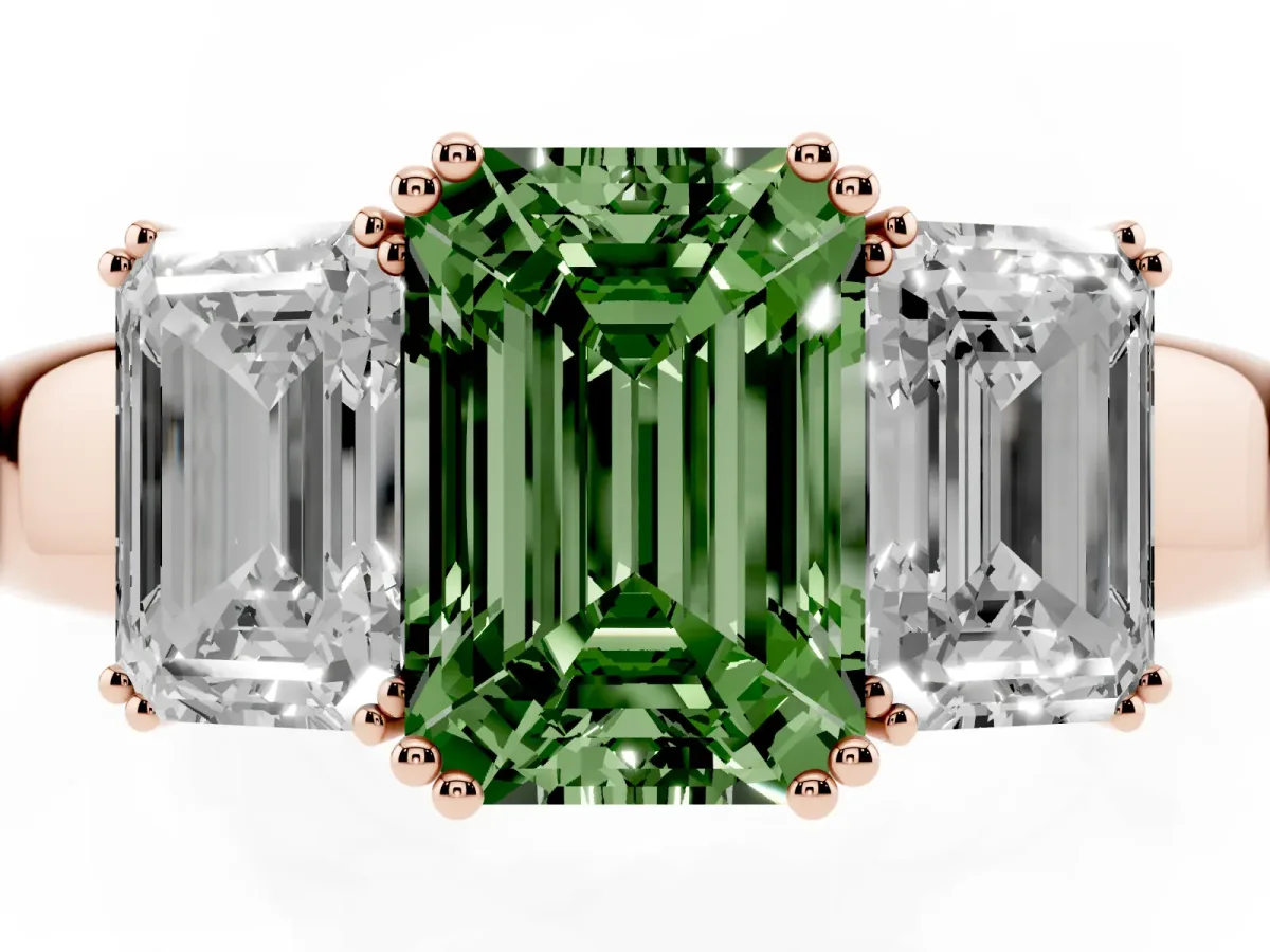 Fancy Green Three-Stone Emerald Cut Cut Diamond Ring with Channel Set Band and Four-Prong Setting Rose gold