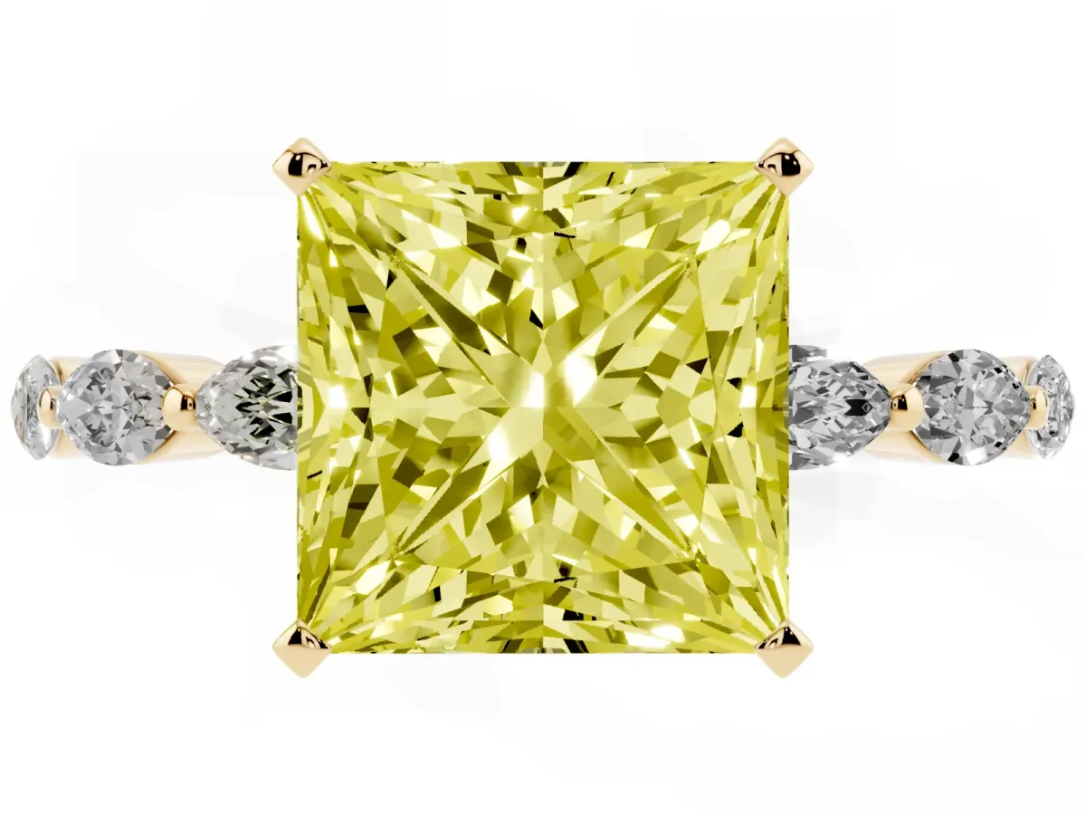 Fancy Yellow Princess Cut Diamond Ring with Marquise Side Stones and Prong Setting Yellow gold
