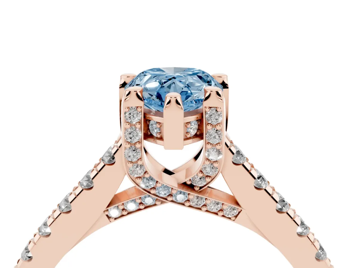 Fancy Blue Pear Cut Brilliant Diamond Solitaire with Pavé Band and Four-Prong Setting Rose gold