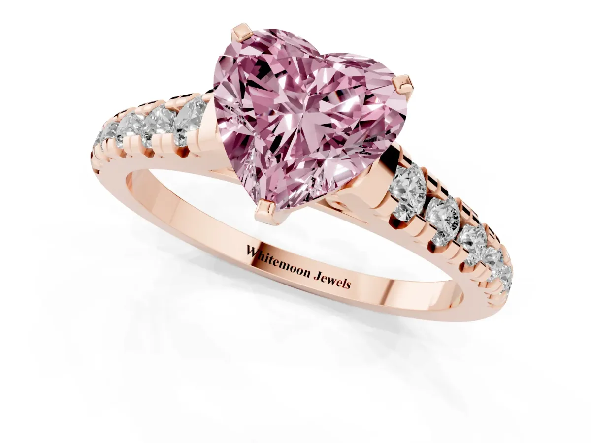 Fancy Pink Heart Cut Diamond Cathedral Solitaire Ring with Round Pavé Band Rose gold