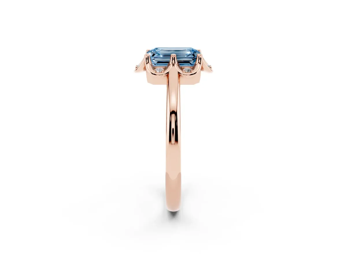 Fancy Blue Emerald Cut Halo Diamond Ring with Round Cluster Setting, Solitaire Band, and Four-Prong Setting Rose gold