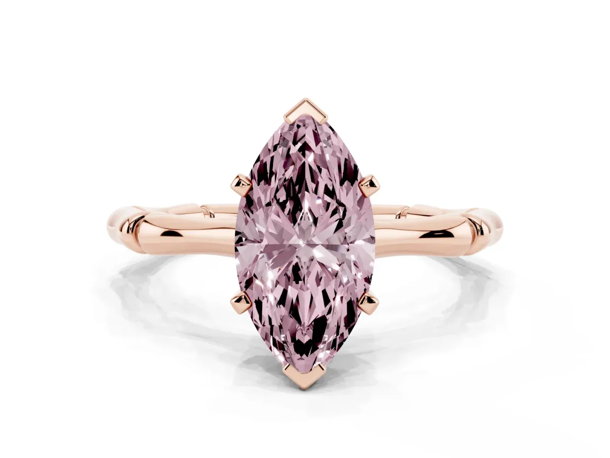 Fancy Pink Marquise Cut Solitaire Diamond Ring with Bamboo Band and Four-Prong Setting Rose gold