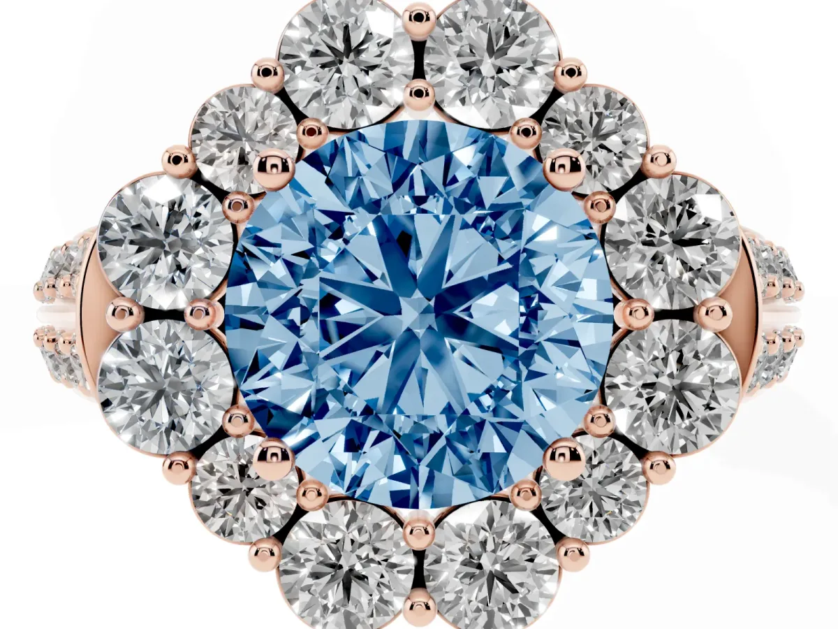 Fancy Blue Round Cut Halo Diamond Engagement Ring with Split Shank and Prong Setting Rose gold