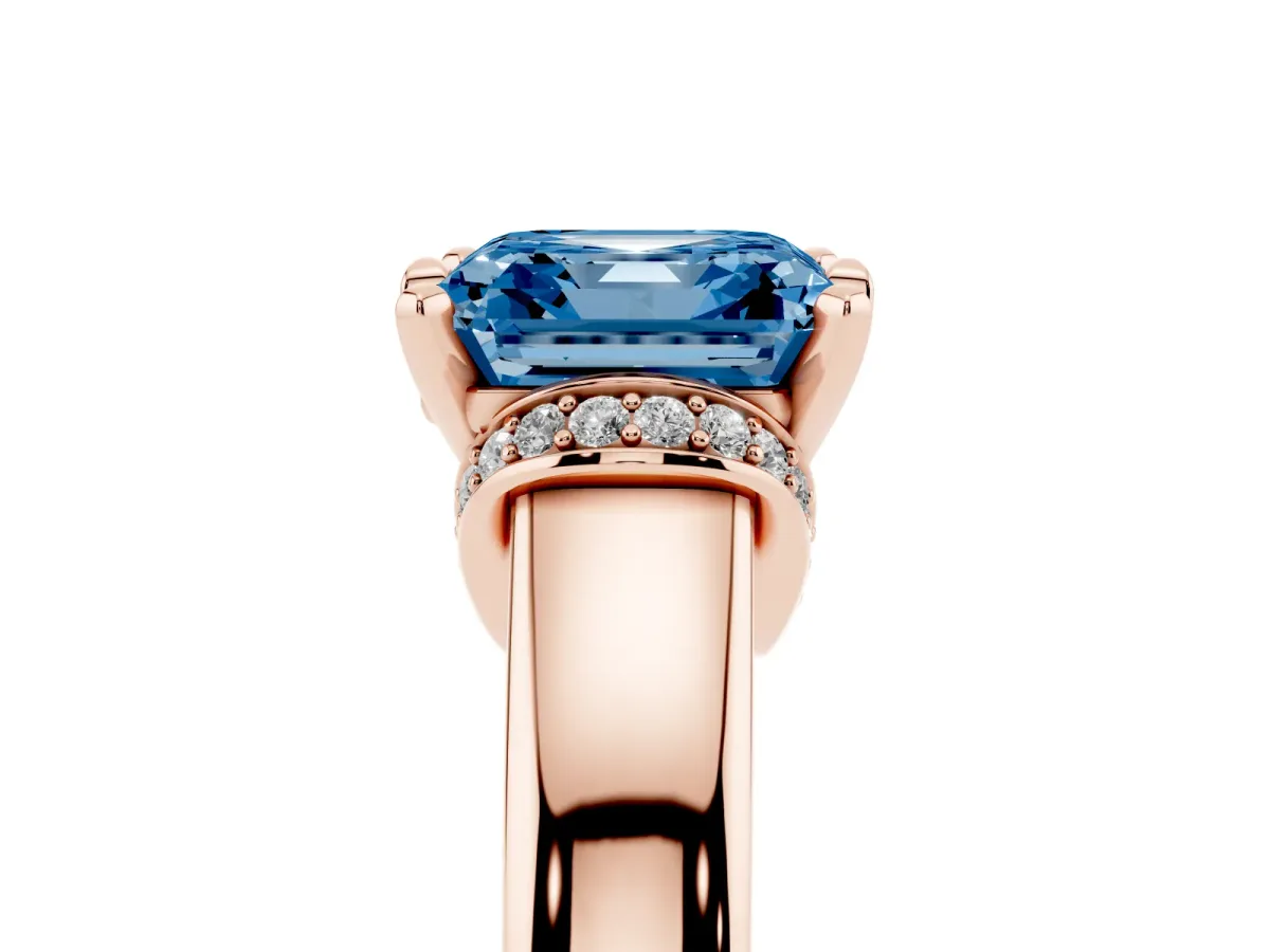 Fancy Blue Asscher Cut Solitaire Diamond Ring with Pave Band and Six-Prong Setting Rose gold