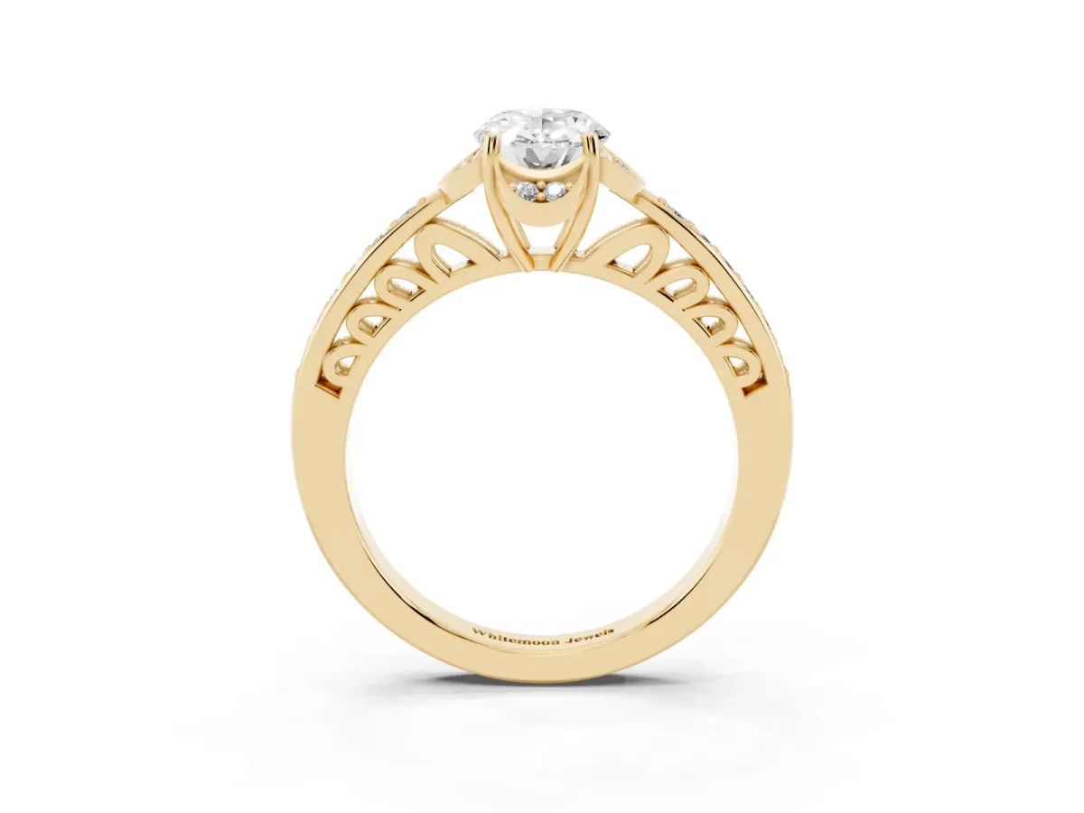 Oval Cut Cut Halo Diamond Ring with Channel Set Band and Four-Prong Setting Yellow gold