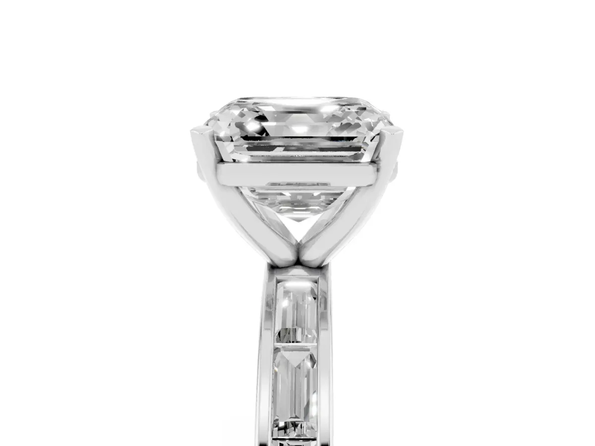 Asscher Cut Solitaire Diamond Ring with Channel-Set Baguette Band and Four-Prong Setting White gold