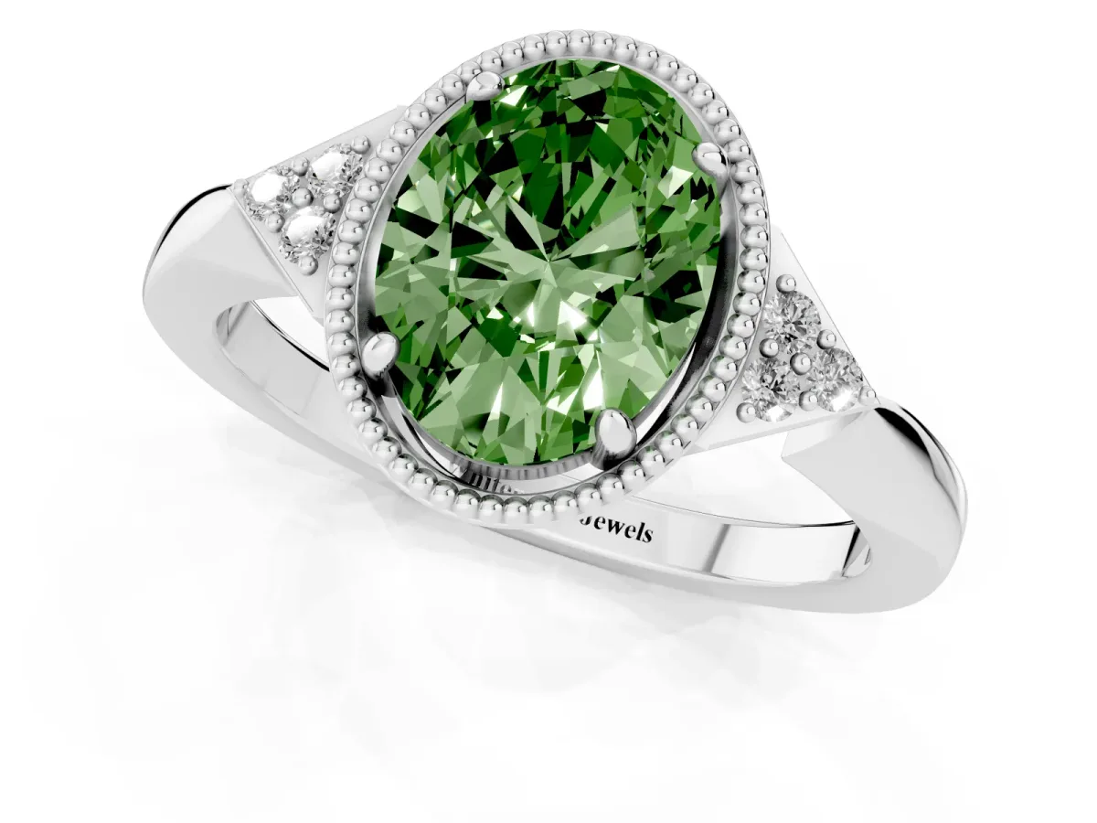 Fancy Green Hexagonal Halo Oval Cut Diamond Solitaire with Pavé Band and Four-Prong Setting Silver
