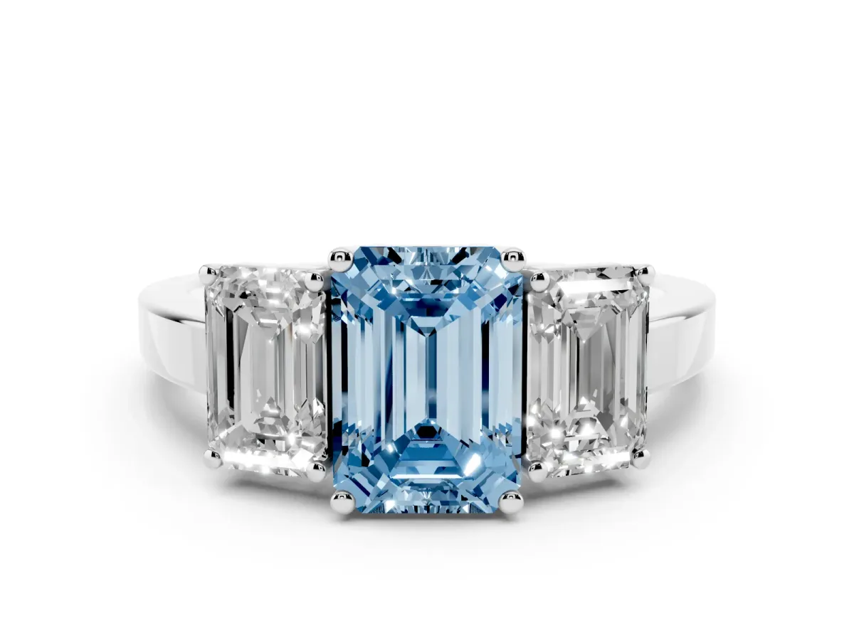 Fancy Blue Three-Stone Emerald Cut Cut Diamond Engagement Ring with Flat Band and Four-Prong Setting Platinum
