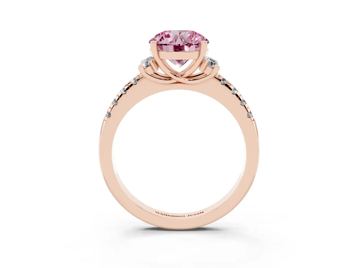 Fancy Pink Round Cut Diamond Three-Stone Pave Band with Four-Prong Setting Rose gold