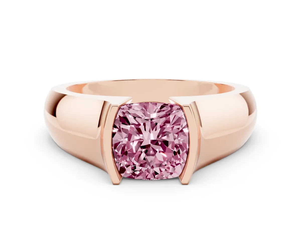 Fancy Pink Cushion Cut Solitaire Bezel Set Diamond Ring with Wide Band Rose gold