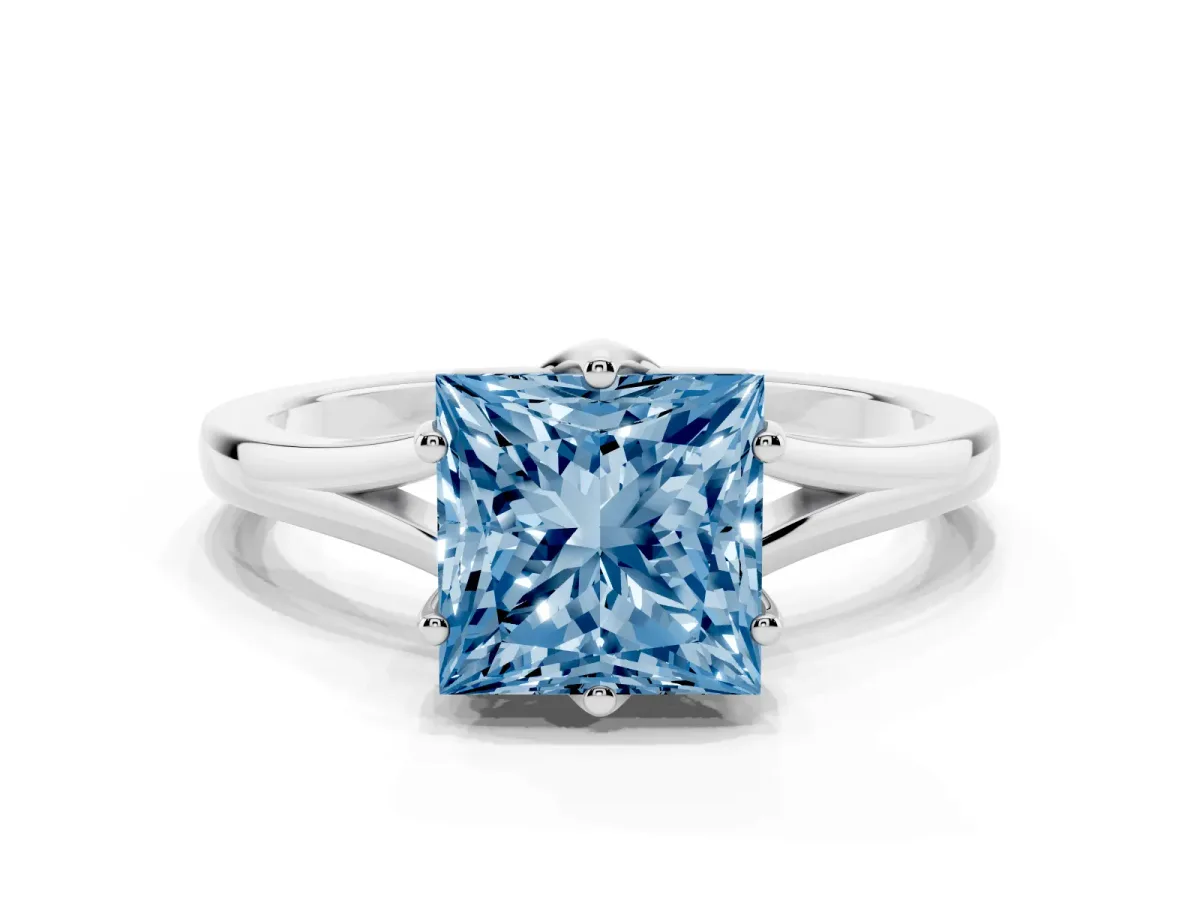 Fancy Blue Princess Cut Solitaire Diamond Ring with Six-Prong Setting and Tapered Band Platinum