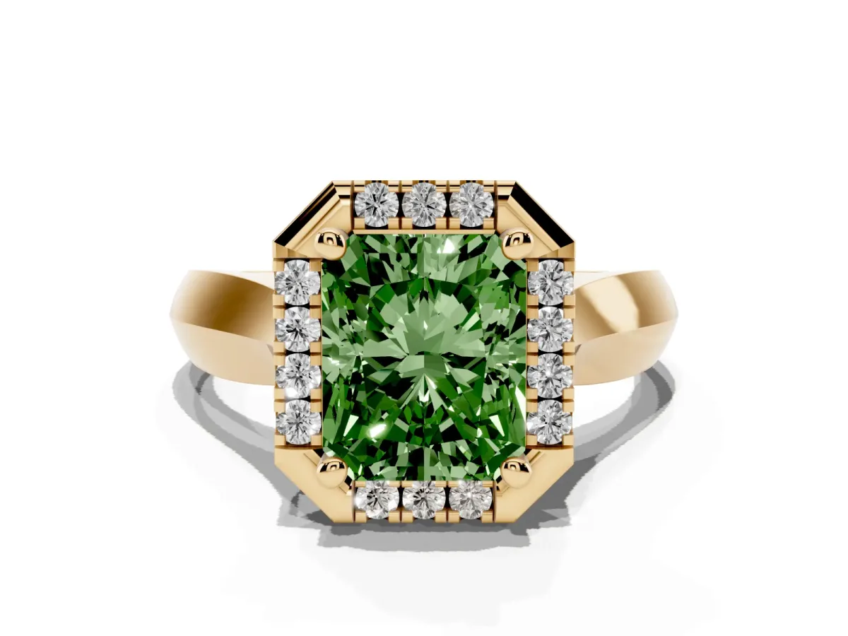 Fancy Green Radiant Cut Cut Halo Solitaire Engagement Ring with Square Band and Four-Prong Setting Yellow gold