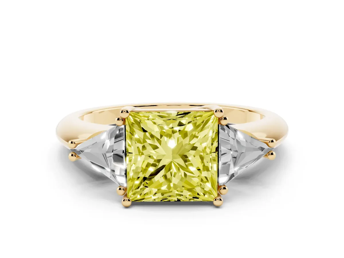 Fancy Yellow Three-Stone Princess Cut Diamond Engagement Ring with Trillion Side Stones and Prong Setting Yellow gold