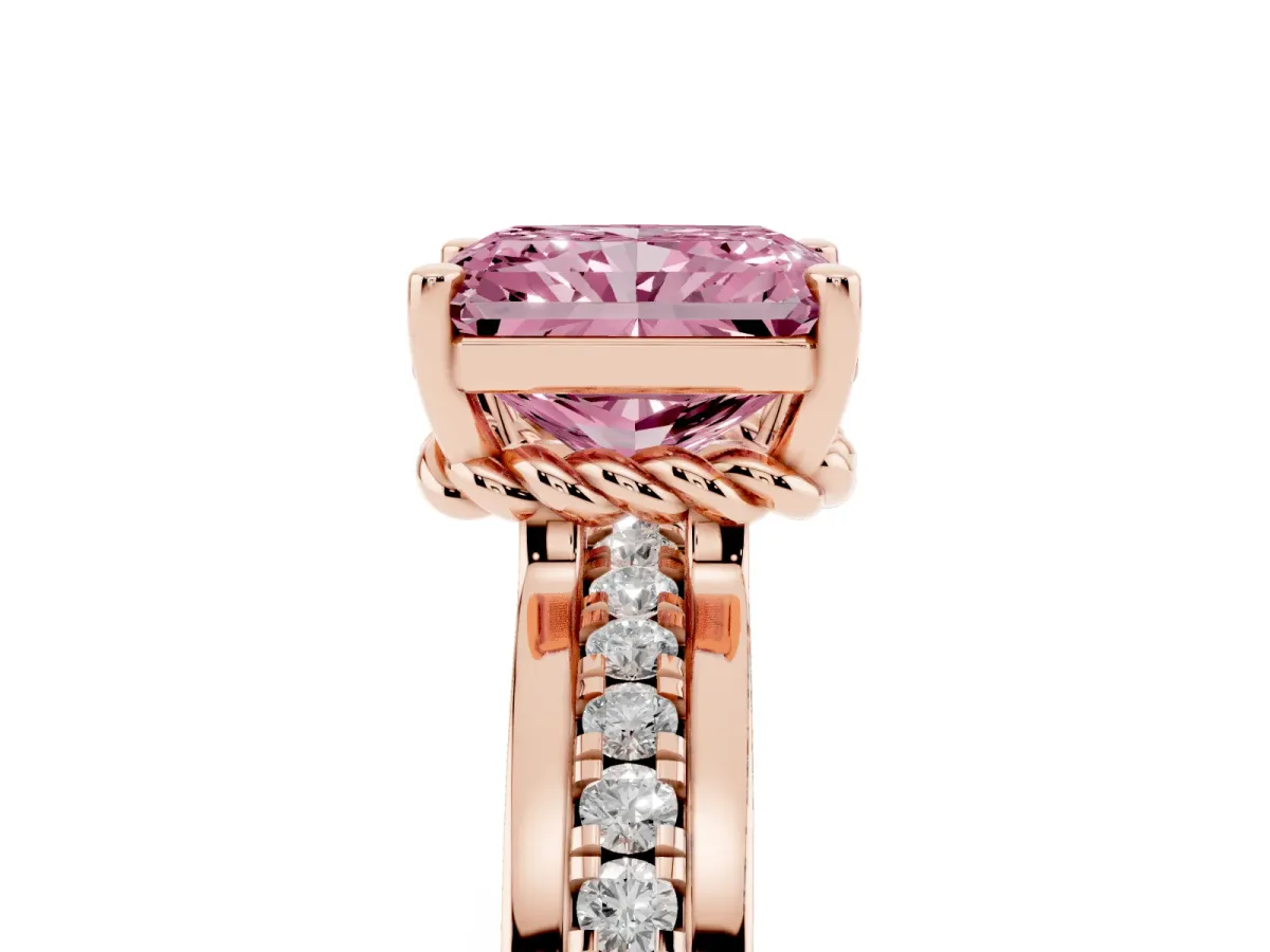 Fancy Pink Radiant Cut Solitaire Diamond Ring with Channel Set Band and Six-Prong Setting Rose gold