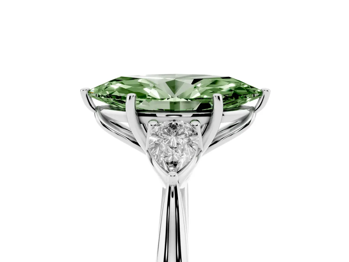 Fancy Green Three-Stone Marquise Cut Diamond Ring with Pear Side Stones in Four-Prong Setting Silver