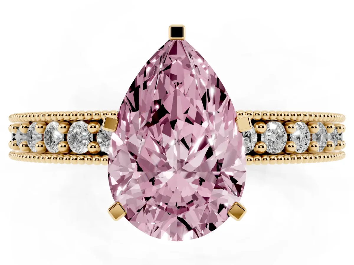 Fancy Pink Pear Cut Diamond Milgrain Pavé Engagement Ring with Four-Prong Setting Yellow gold
