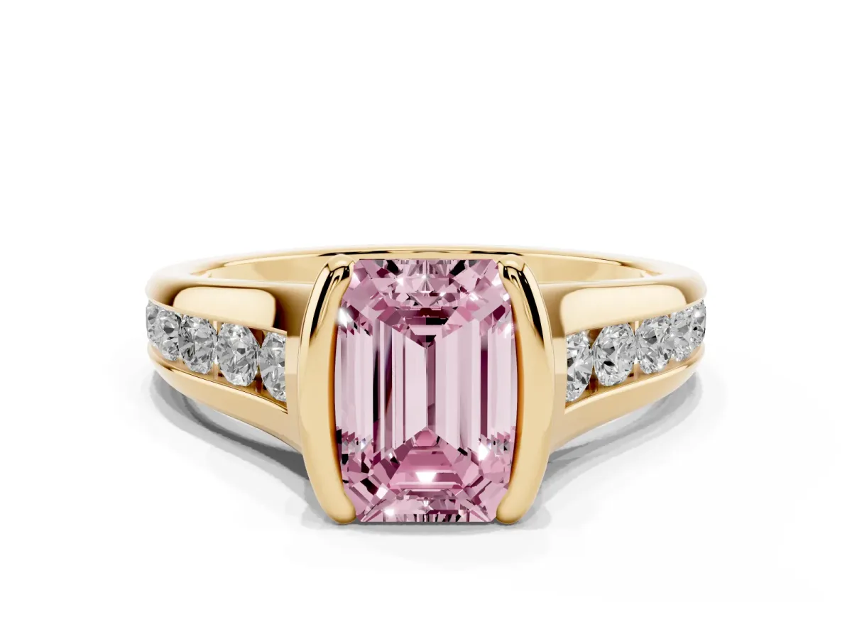 Fancy Pink Emerald Cut Solitaire Bezel-Set Diamond Ring with Channel-Set Band Yellow gold