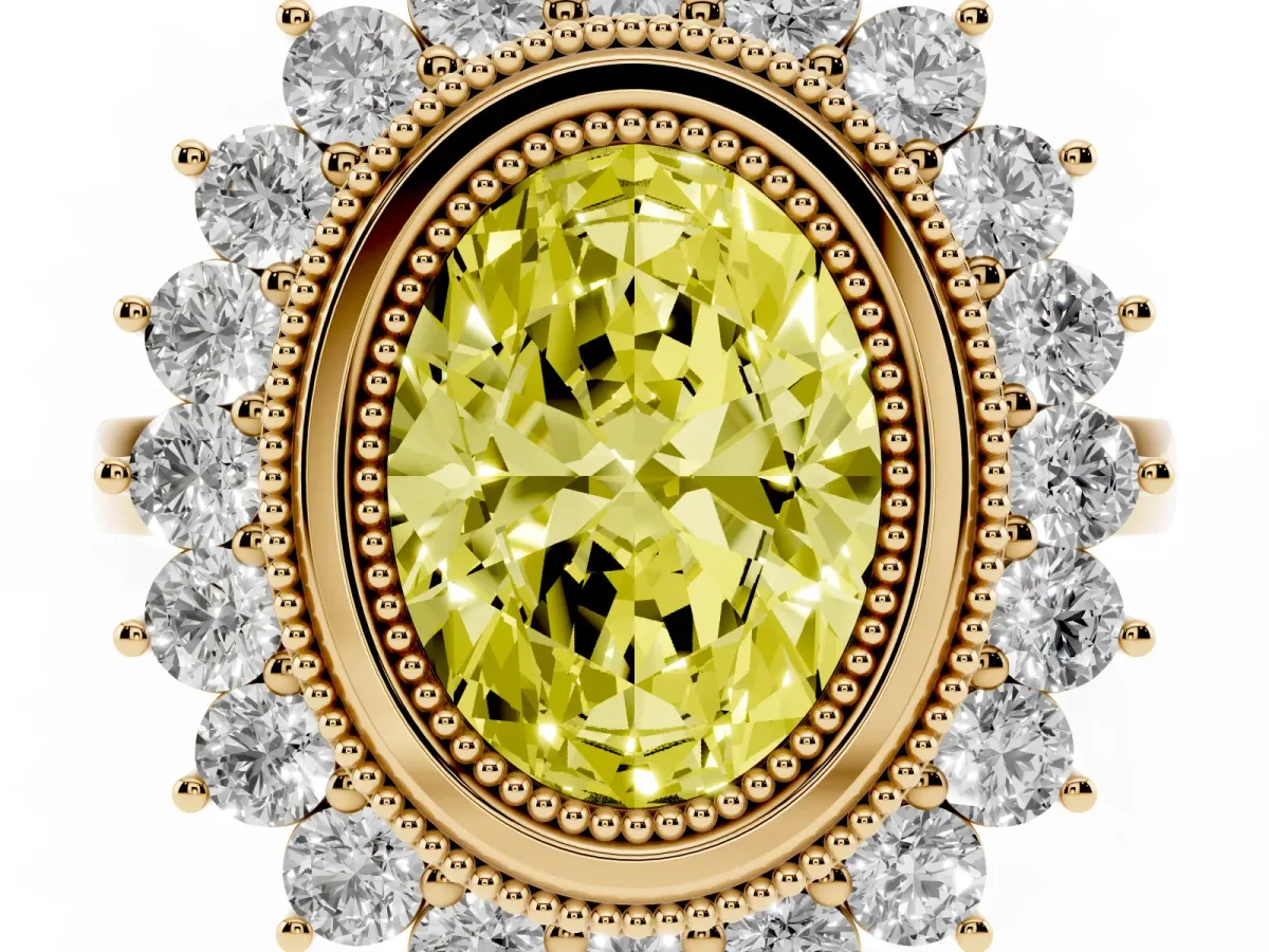Fancy Yellow Oval Cut Halo Diamond Ring with Milgrain Edge and Round Prong Setting Yellow gold