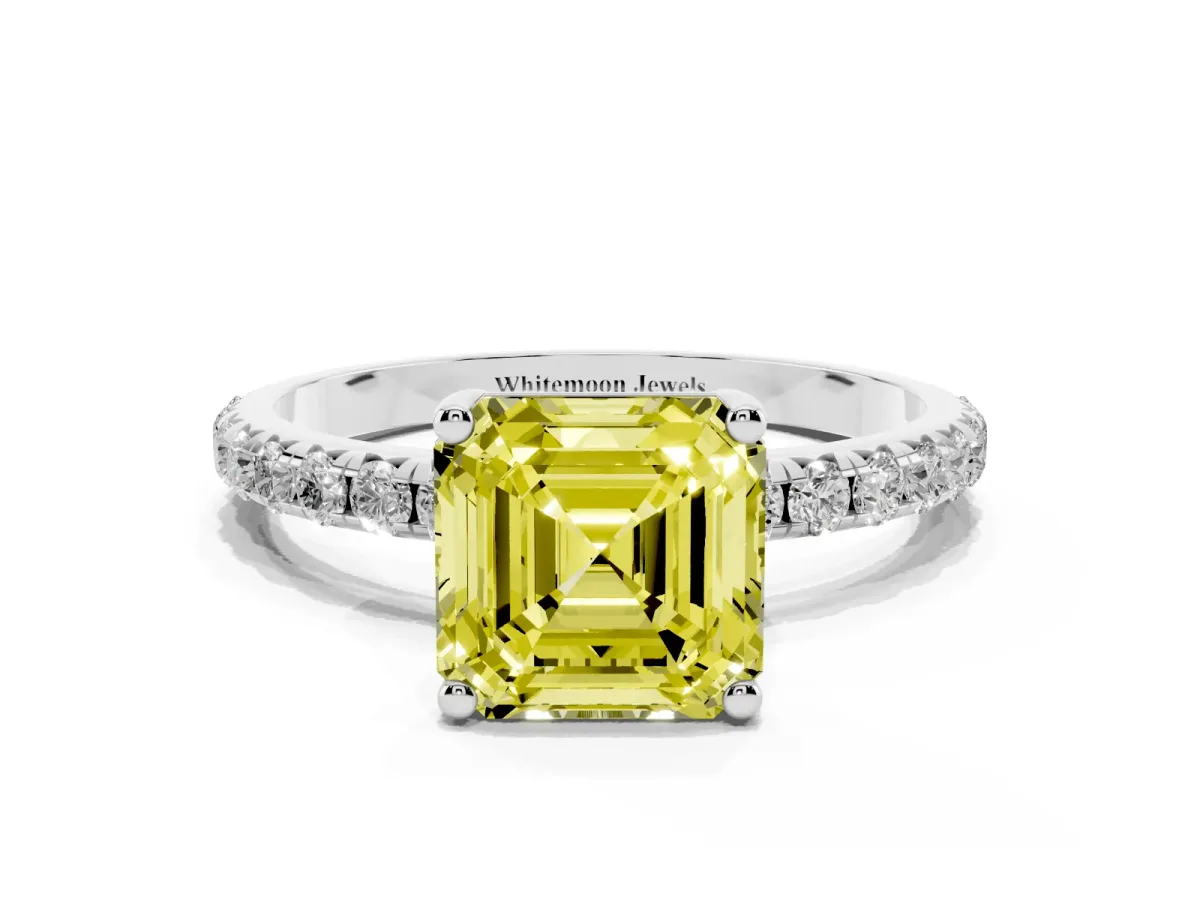 Fancy Yellow Asscher Cut Cut Diamond Solitaire Ring with Micro Pave Band and Four Prong Setting Platinum