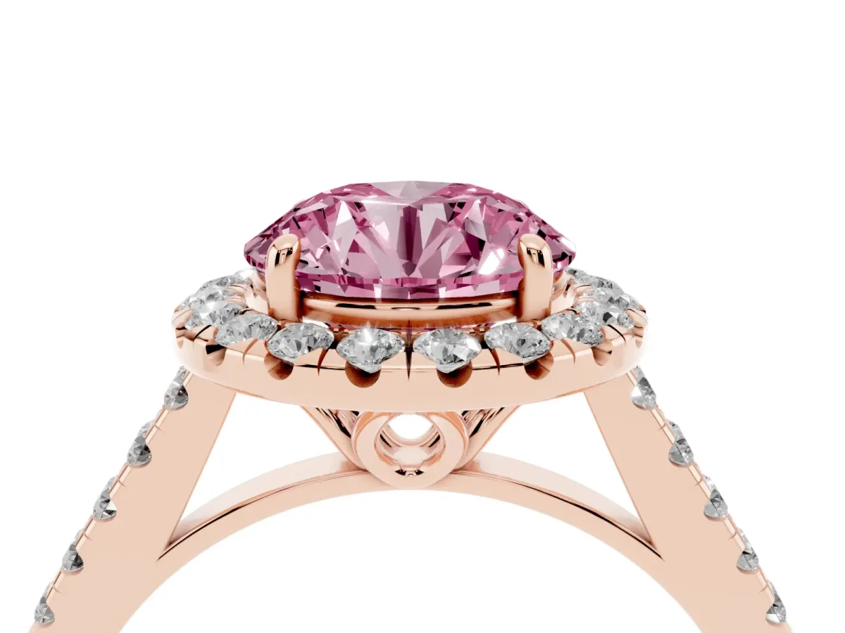 Fancy Pink Round Cut Halo Pavé Diamond Engagement Ring with Four-Prong Setting Rose gold