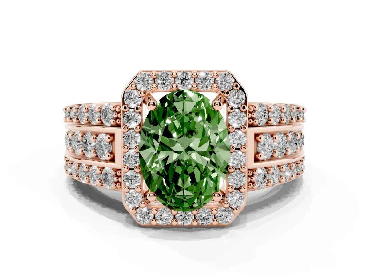 Fancy Green Oval Cut Halo Diamond Ring with Round Split Shank and Prong Setting Rose gold