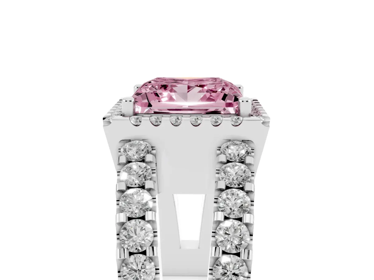 Fancy Pink Princess Cut Cut Halo Split Shank Diamond Ring with Four-Prong Setting Platinum