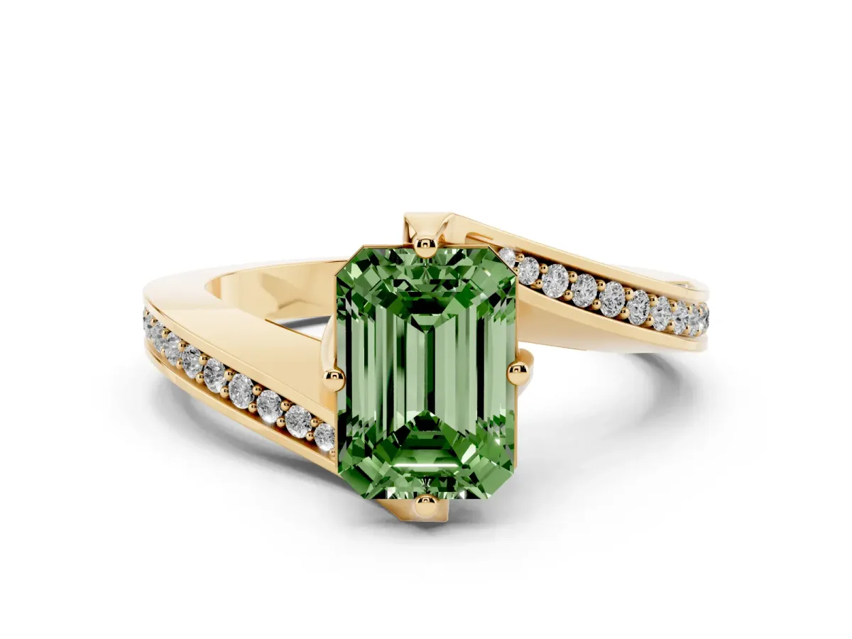 Fancy Green Emerald Cut Solitaire Diamond Twist Band with Pavé Setting and Four-Prong Setting Yellow gold