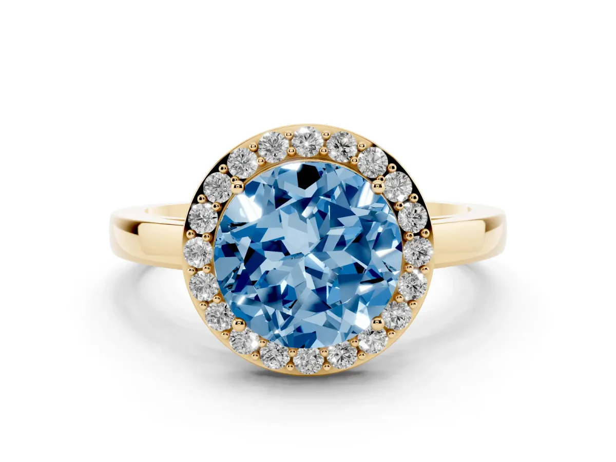 Fancy Blue Round Cut Halo Diamond Ring with Solitaire Band and Prong Setting Yellow gold