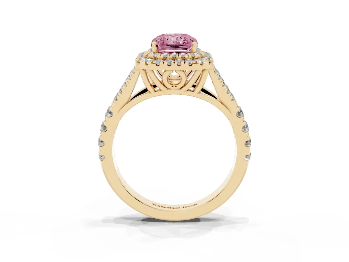 Fancy Pink Double Halo Radiant Cut Diamond Split Shank Engagement Ring with Four-Prong Setting Yellow gold