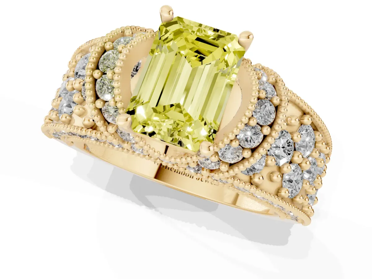 Fancy Yellow Emerald Cut Halo Pave Diamond Engagement Ring with Milgrain Detailing Yellow gold