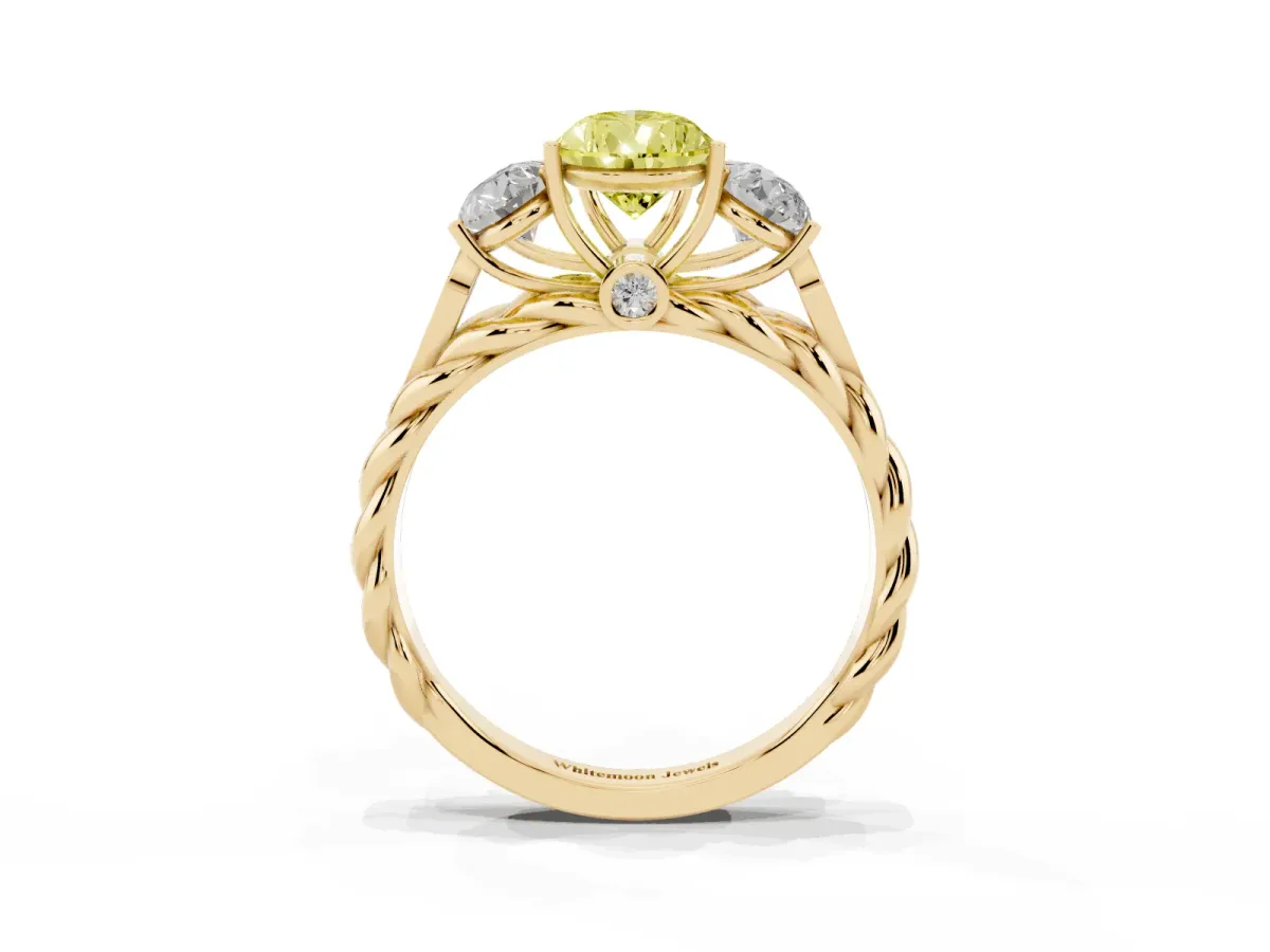 Fancy Yellow Three-Stone Pear Cut Diamond Braided Band Ring with Four-Prong Setting Yellow gold