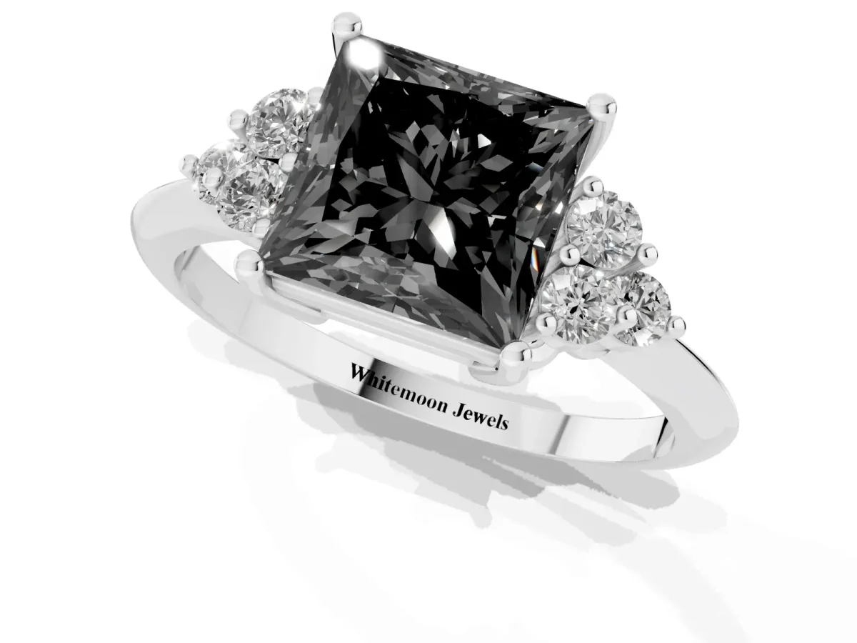 Fancy Black Princess Cut Cut Diamond Cluster Ring with Solitaire Band and Four-Prong Setting Silver