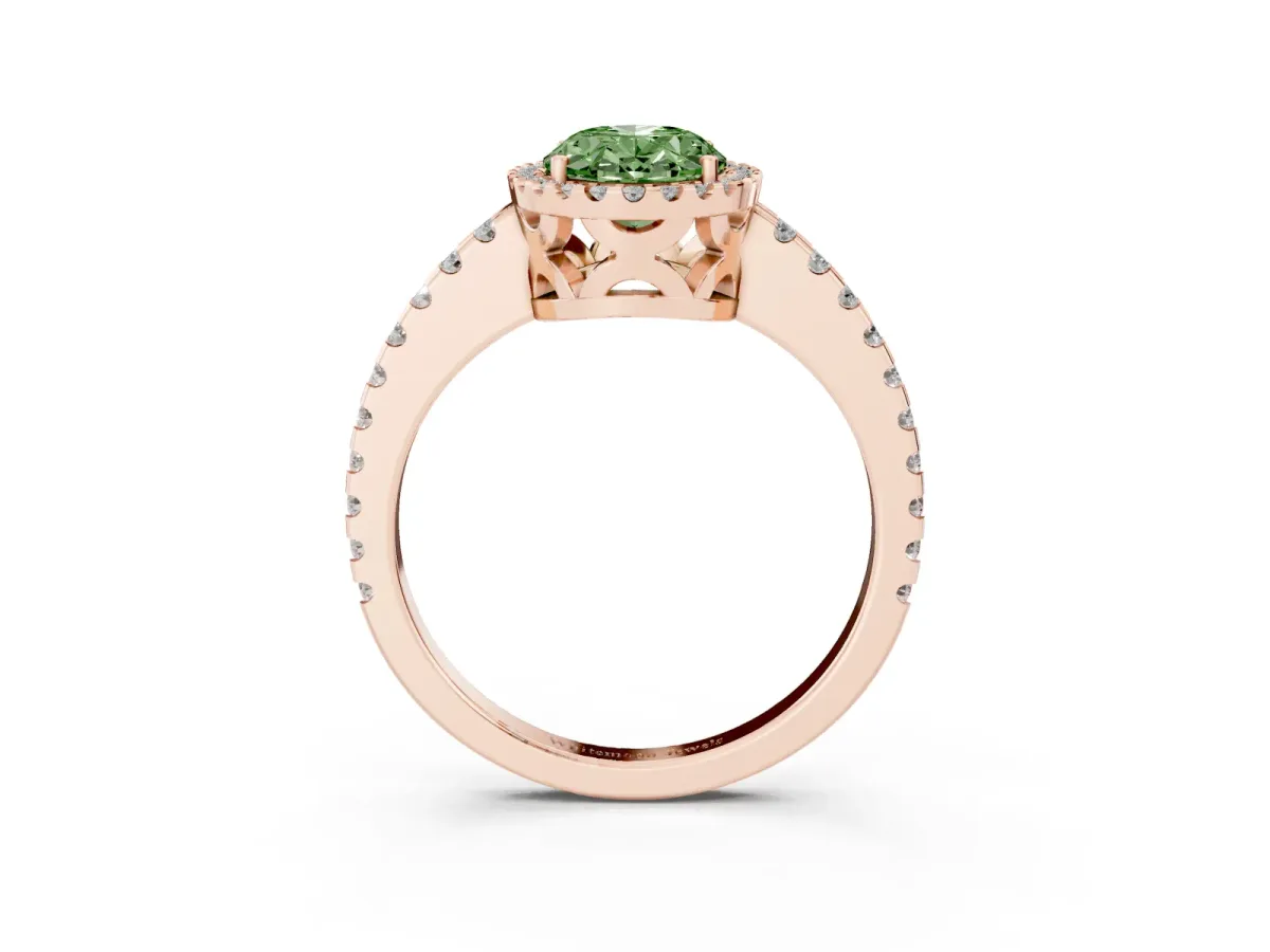 Fancy Green Oval Cut Diamond Halo Engagement Ring with Pavé Band and Prong Setting Rose gold