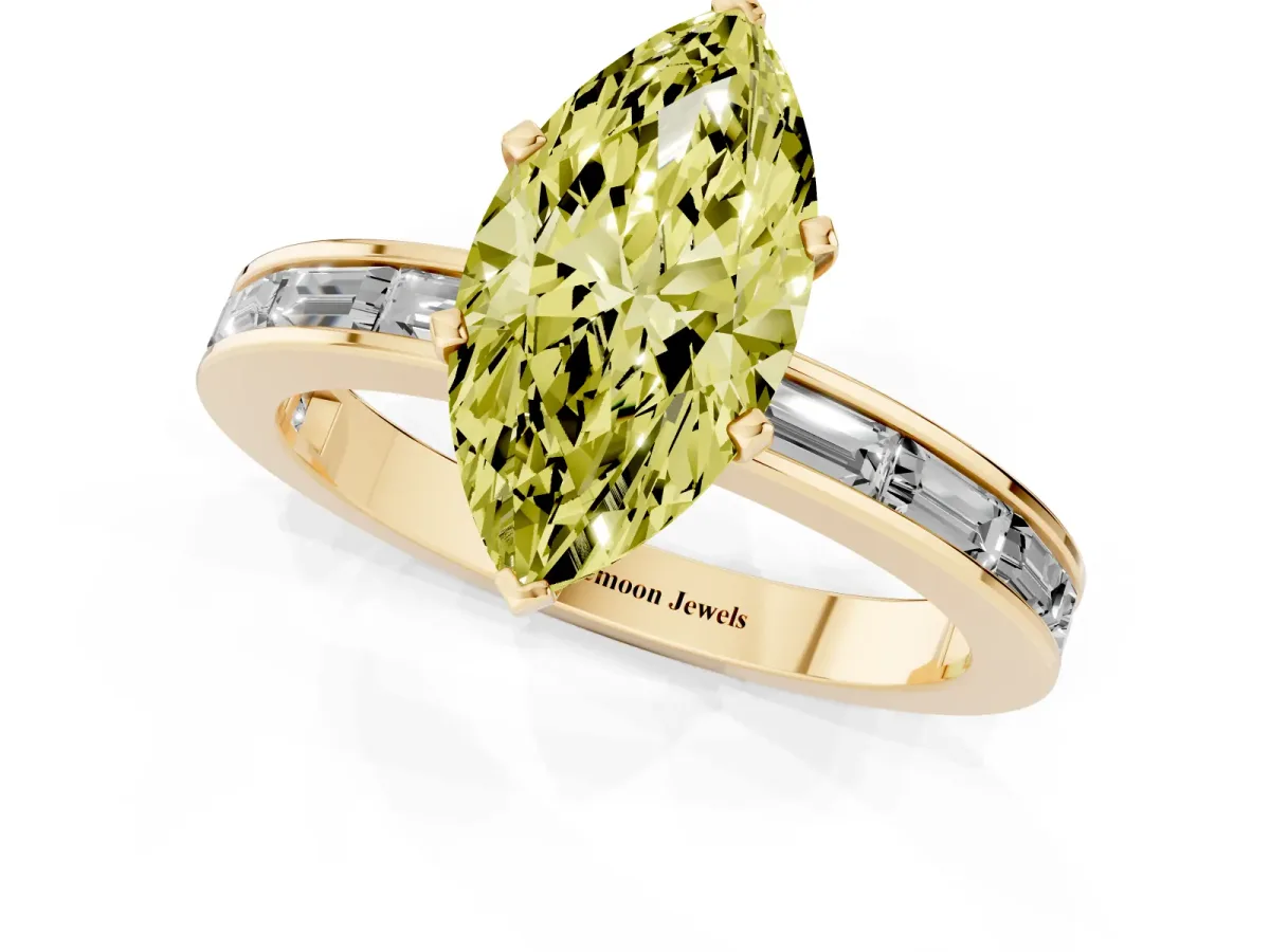 Fancy Yellow Marquise Cut Solitaire Diamond Ring with Channel-Set Baguette Band and Four-Prong Setting Yellow gold