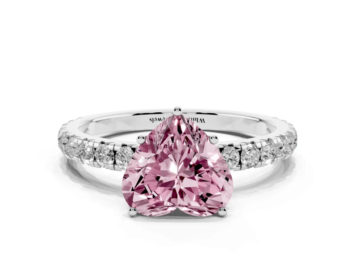 Fancy Pink Heart Cut Diamond Pavé Solitaire Engagement Ring with Four-Prong Setting Silver