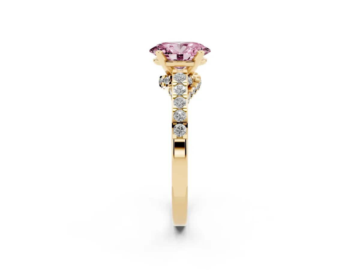 Fancy Pink Oval Cut Diamond Solitaire Ring with Crossover Gallery and Round Pavé Band Yellow gold
