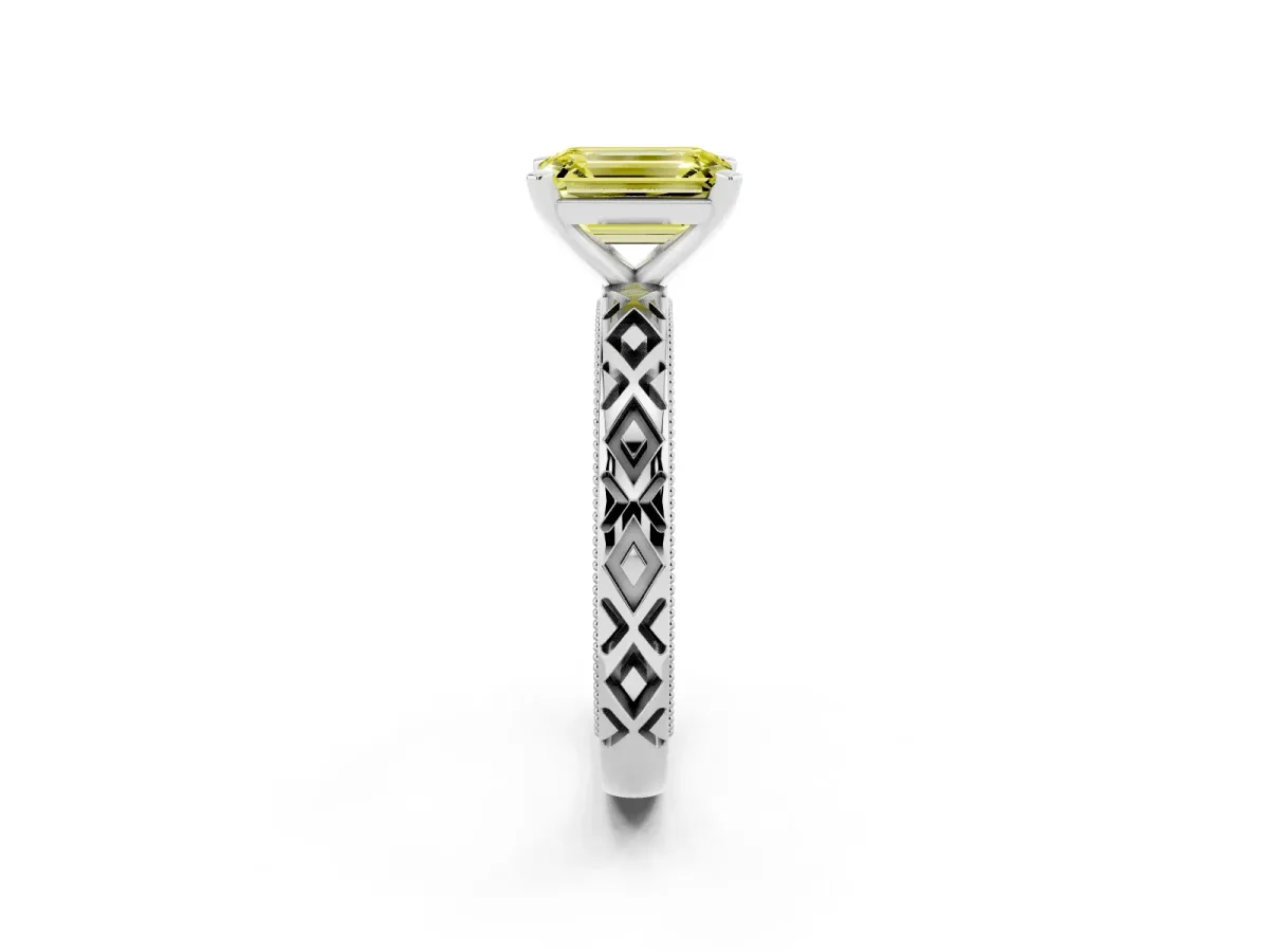Fancy Yellow Emerald Cut Solitaire Diamond Ring with Milgrain and Black Enamel X Pattern Band Silver