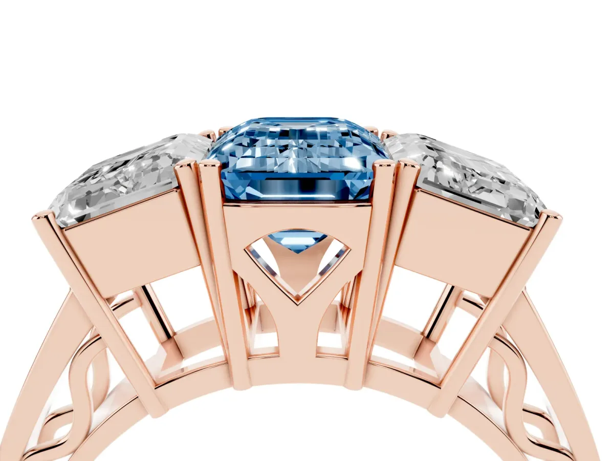 Fancy Blue Emerald Cut Diamond Three-Stone Ring with Prong Setting and Textured Band Rose gold