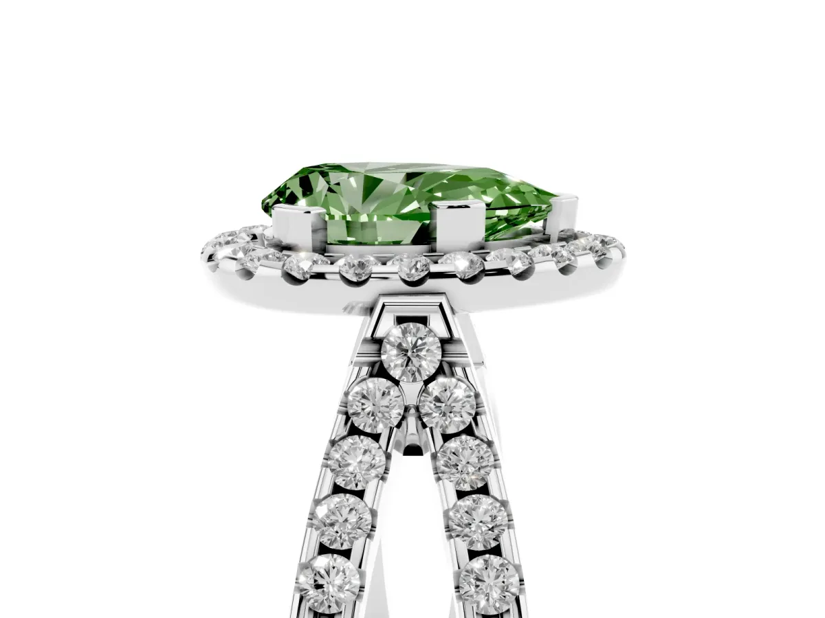 Fancy Green Pear Cut Diamond Halo Ring with Split Shank Pavé Band and Prong Setting Silver