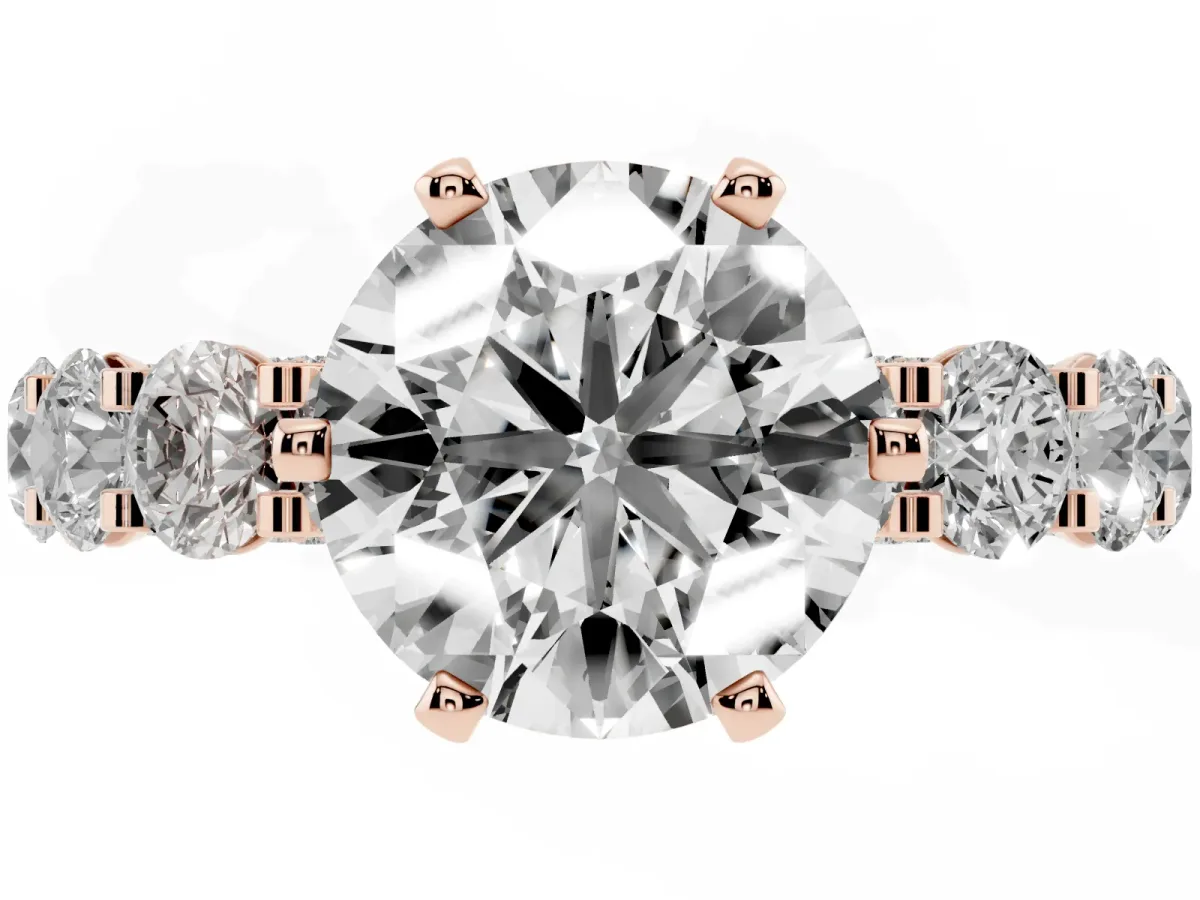 Round Cut Diamond Side Stone Engagement Ring with Four-Prong Setting Rose gold