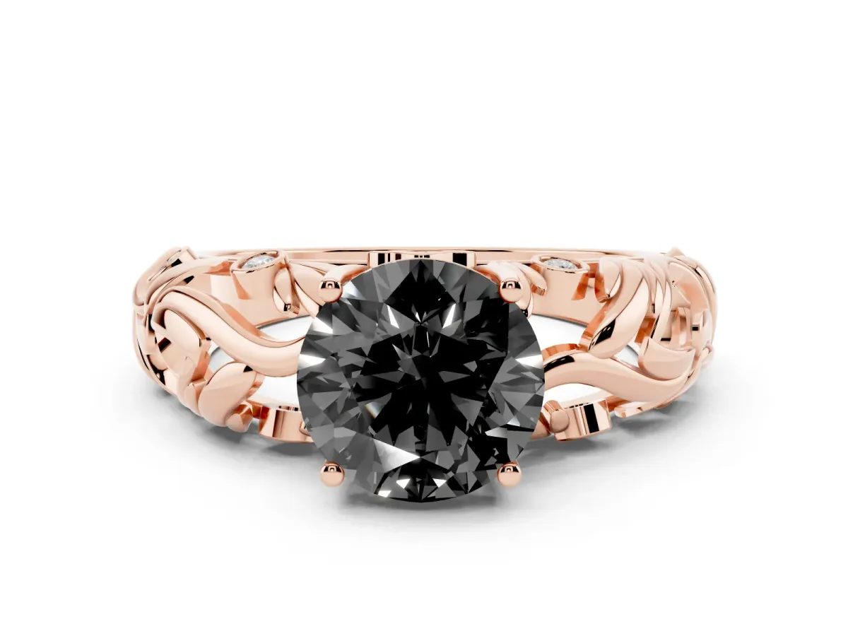 Fancy Black Round Cut Solitaire Diamond Leaf-Inspired Vine Band Ring with Prong Setting Rose gold