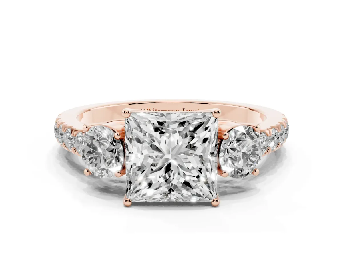 Princess Cut Cut Diamond Three-Stone Ring with Round Side Stones and Pavé Band Rose gold