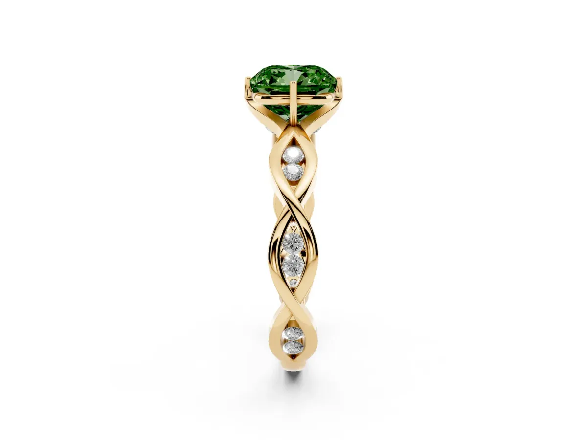 Fancy Green Cushion Cut Solitaire Twist Band with Leaf Prong Setting Yellow gold