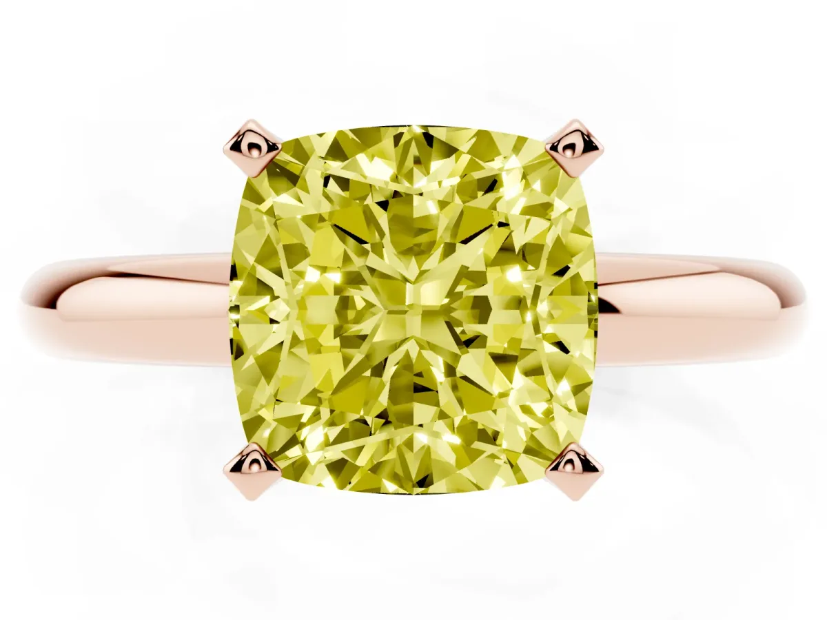 Fancy Yellow Cushion Cut Diamond Solitaire Engagement Ring with Round Band and Four-Prong Setting Rose gold
